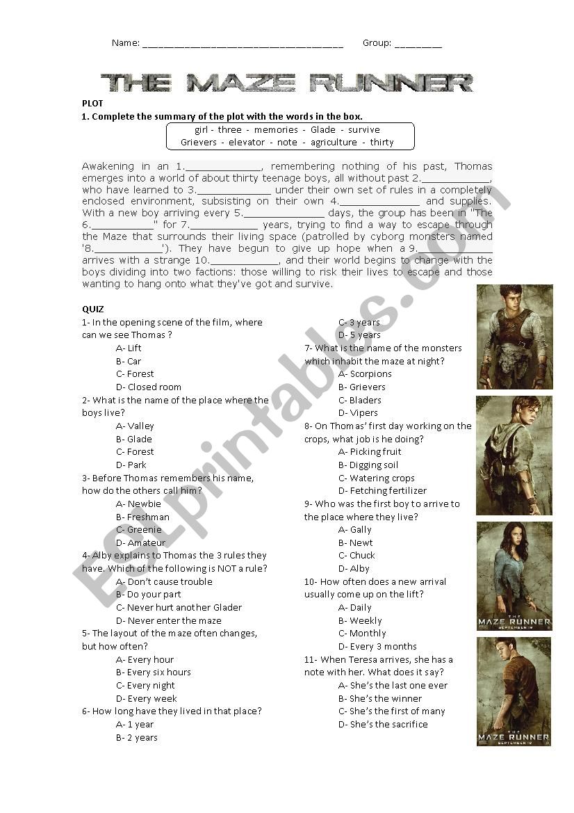 The maze runner (movie) worksheet