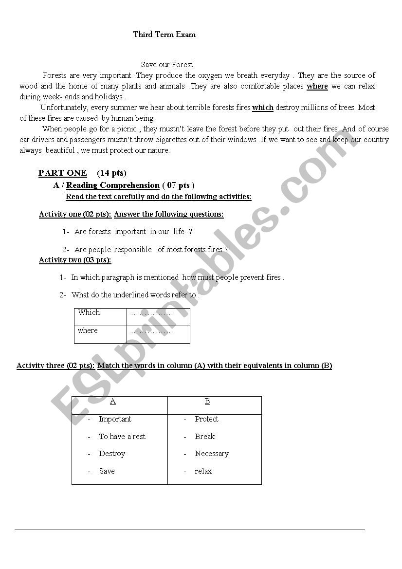 SAVE OUR FORESTS  worksheet