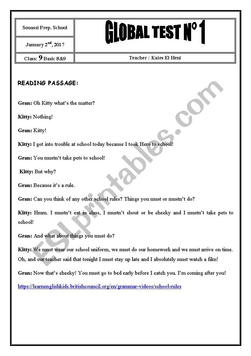 2016 / 2017 9th Form Global Test Test 1