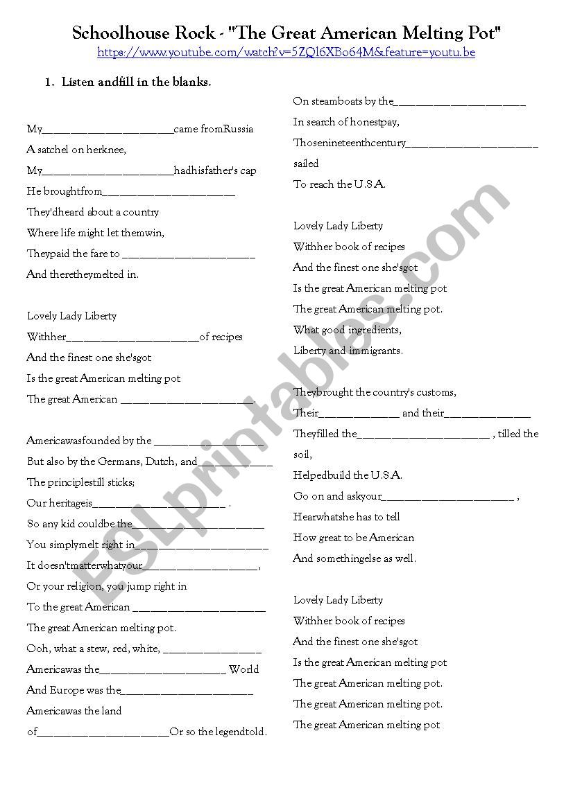 Worksheet adapted to work on the youtube video called The Great American Melting Pot.