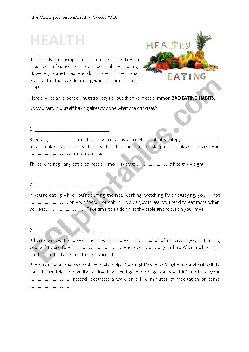 Bad eating habits worksheet