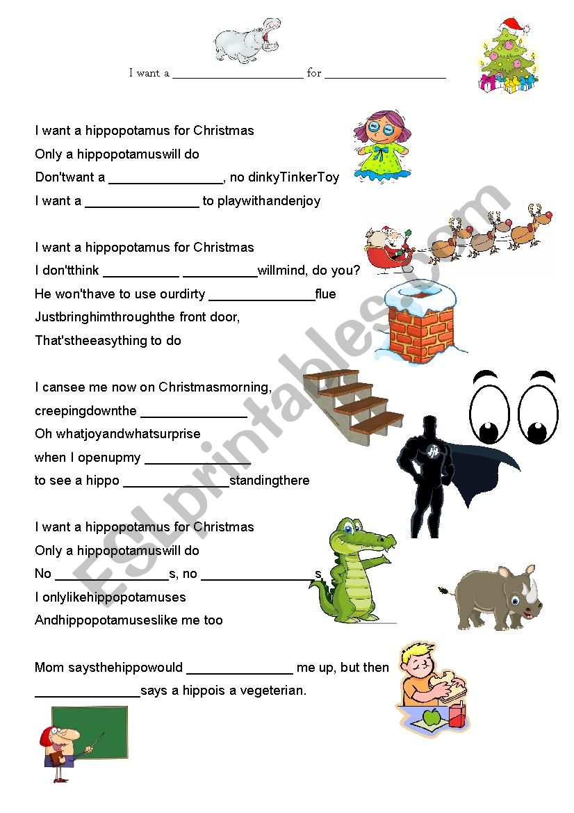 I want a hippo for Christmas worksheet