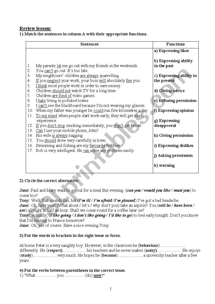 revision of tenses for 9th graders