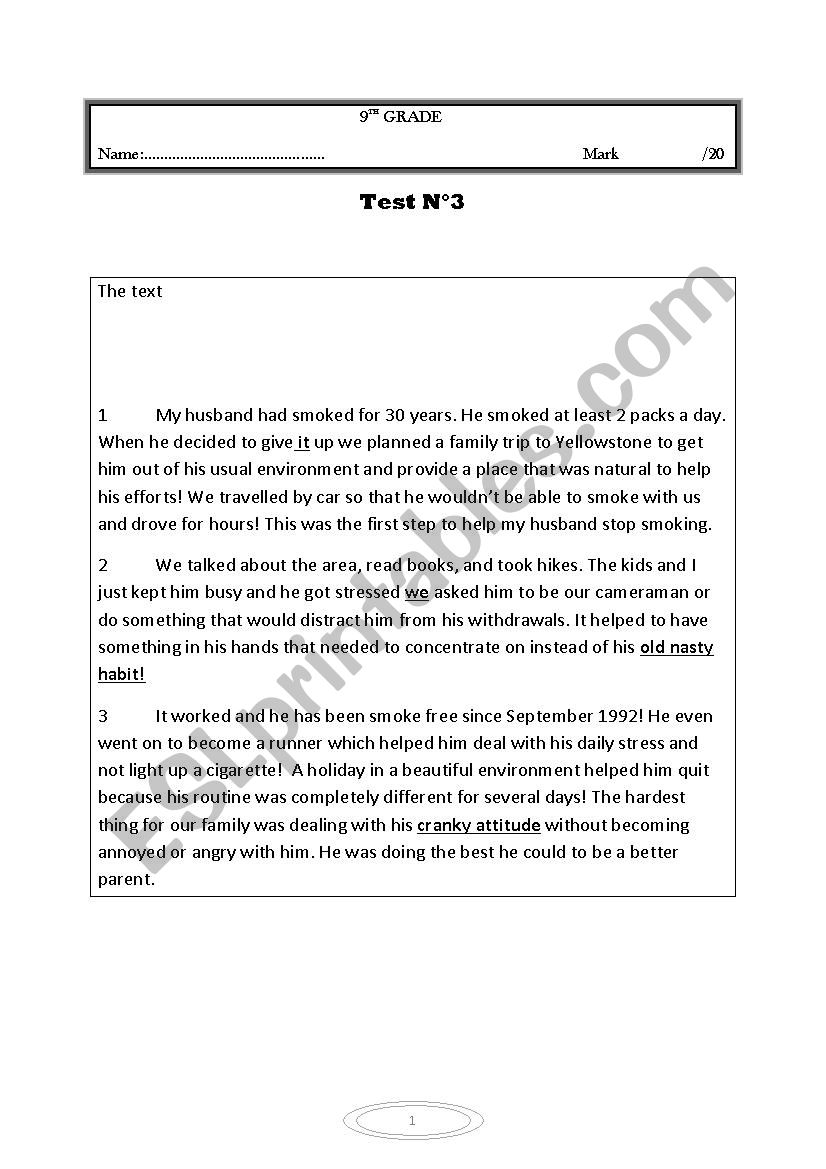 test 3 for 9th graders worksheet