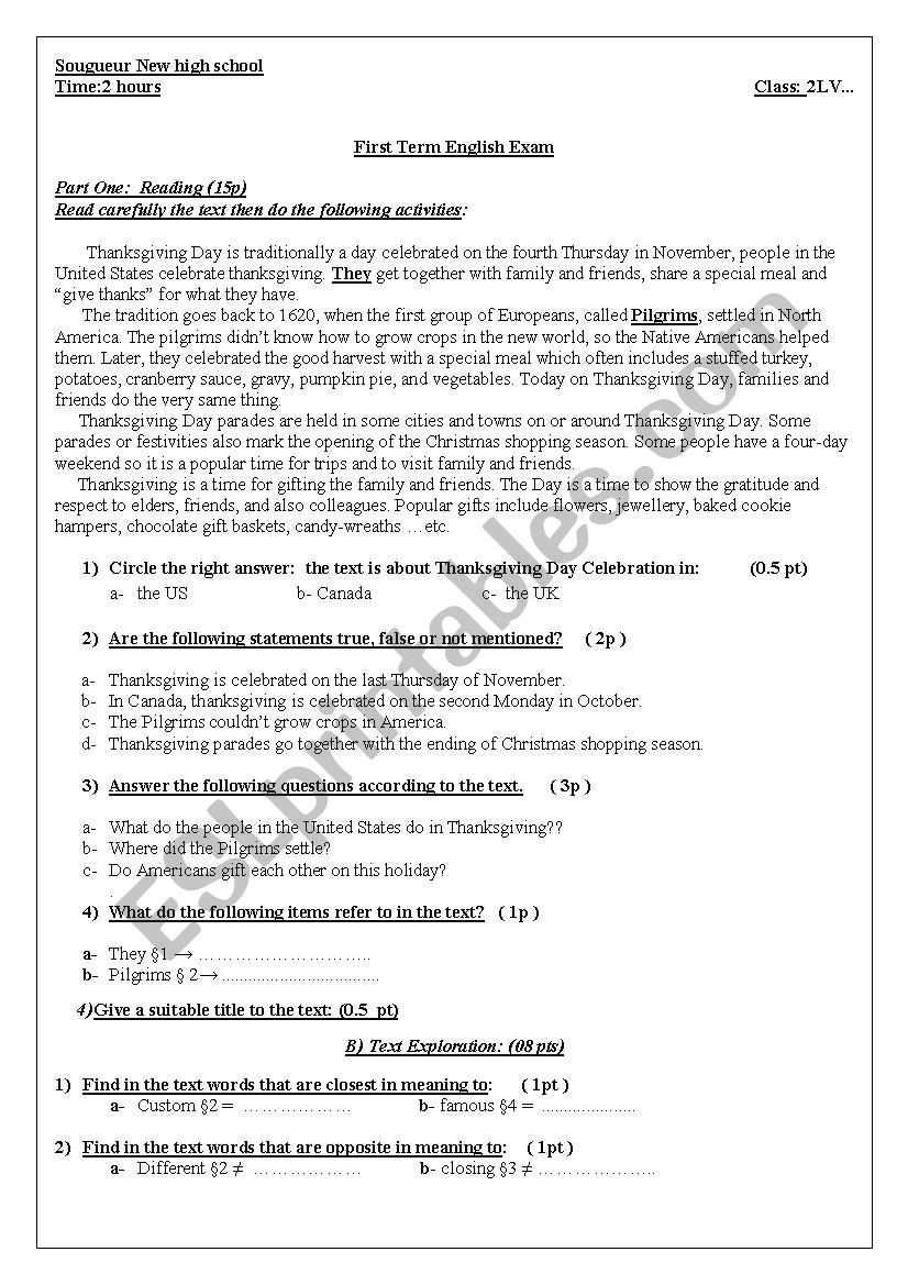 thanksgiving exam worksheet