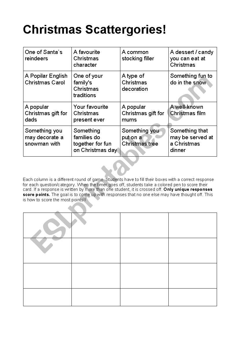 Christmas Scattergories Game worksheet