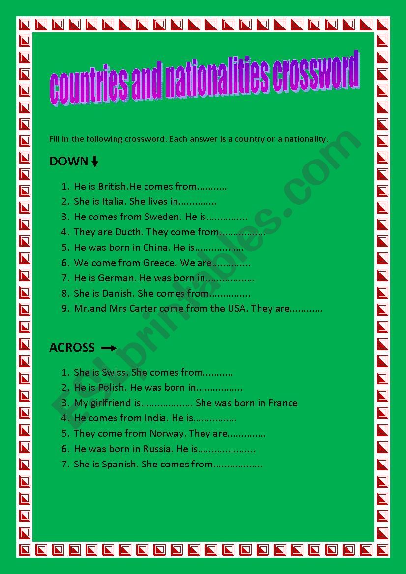 country or a nationality worksheet