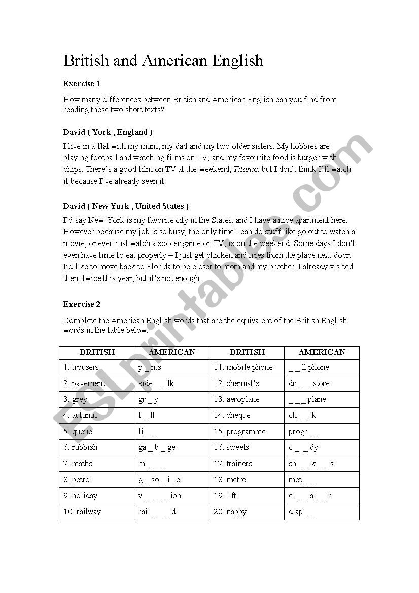 British vs American English worksheet