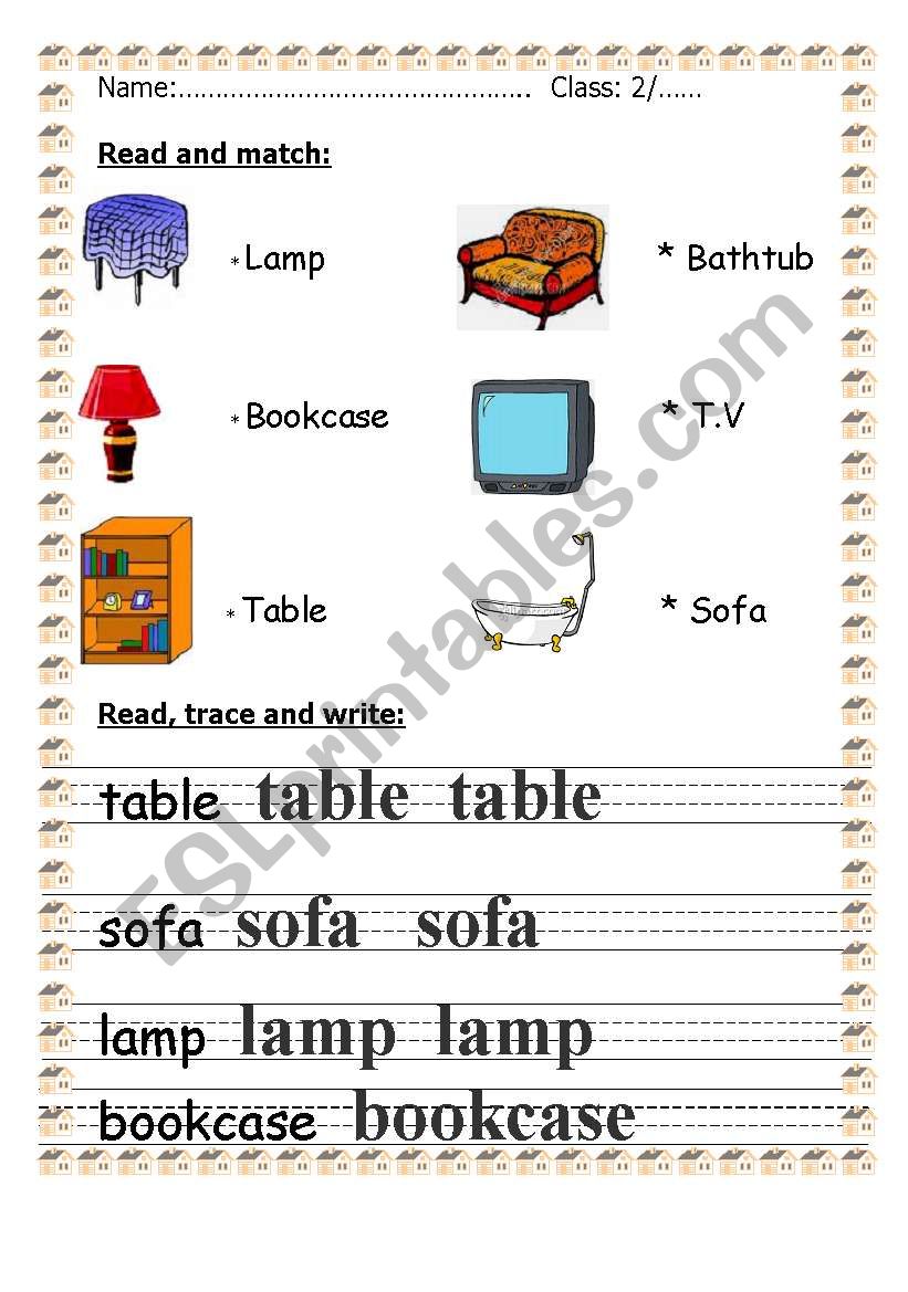 a homework sheet about house objects