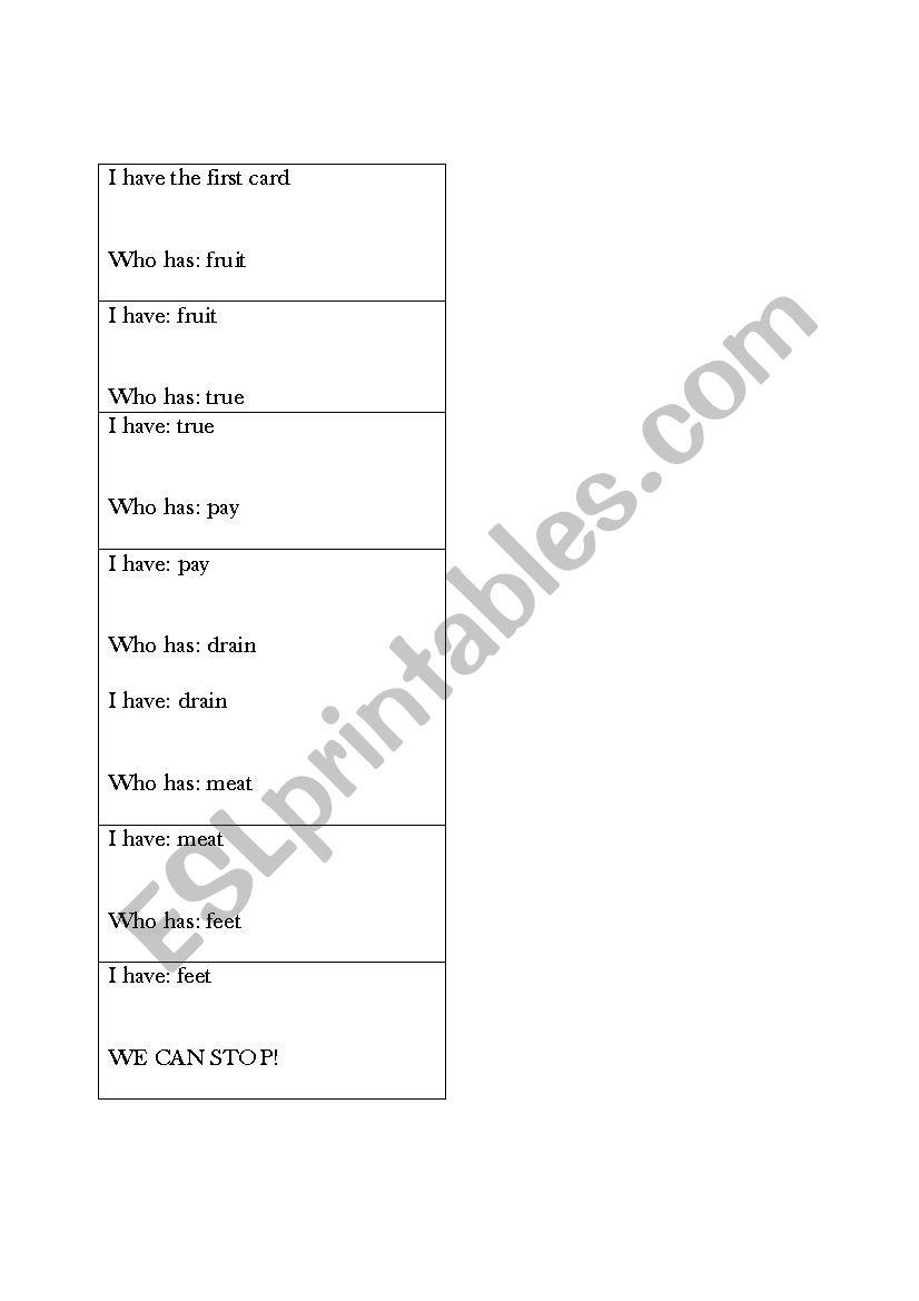 I have, who has? game for double vowel practice