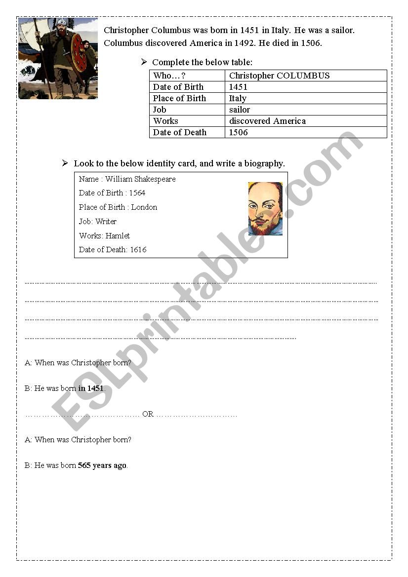 Writing a biography worksheet