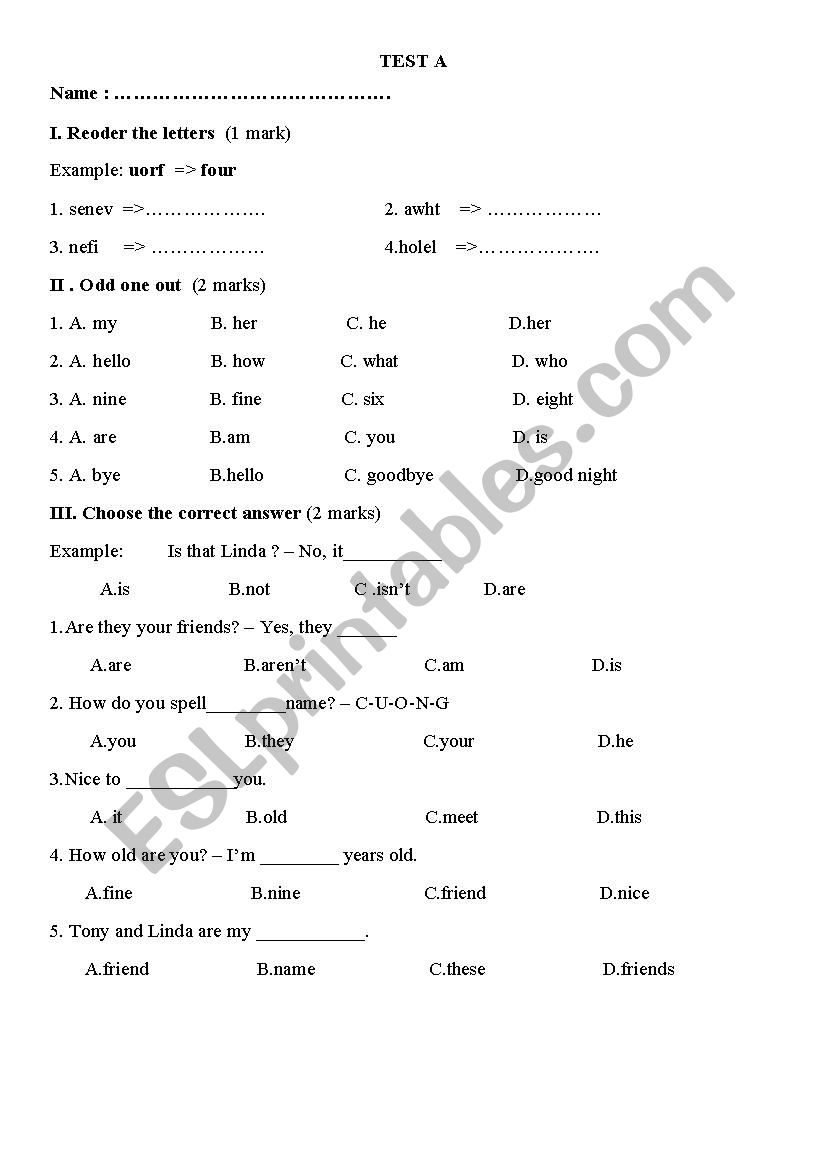 Test for grade 3 worksheet