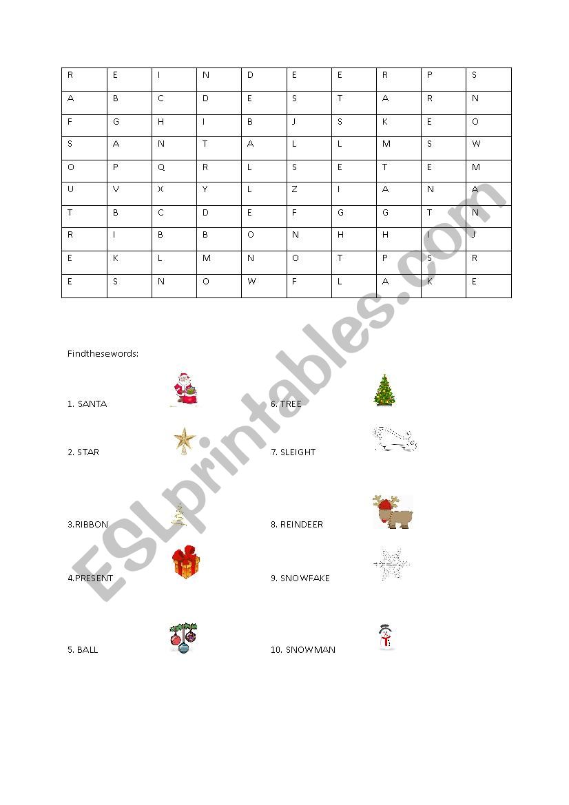 Xmas wordsearch worksheet