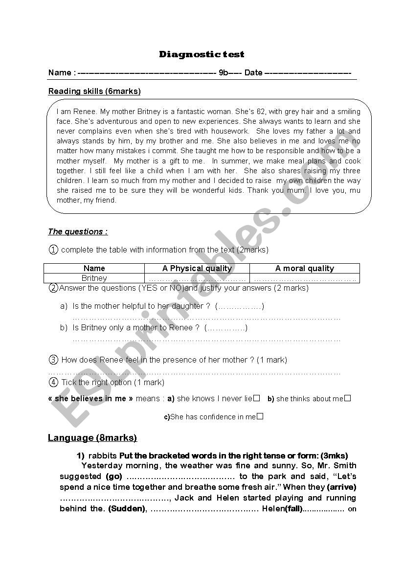 DIAGNOSTIC TEST FOR 9TH FORM STUDENTS