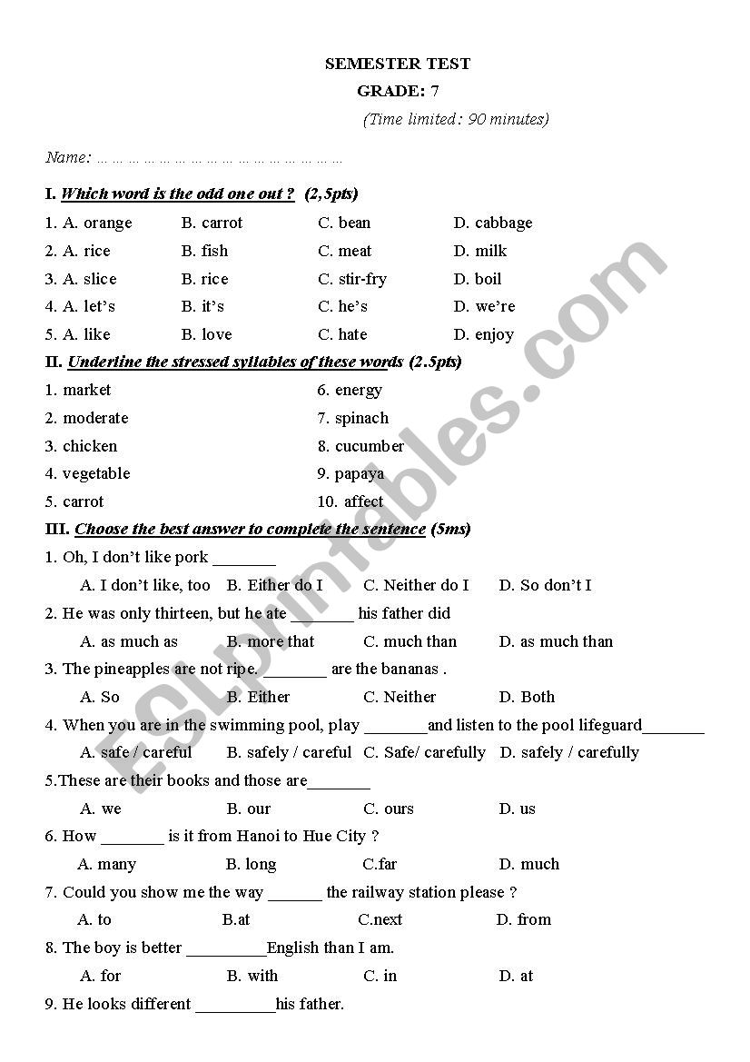 SEMESTER TEST FOR GRADE 7 worksheet