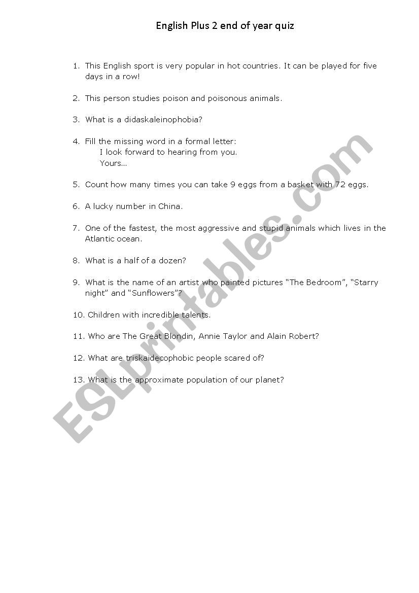 English Plus end of year quiz worksheet