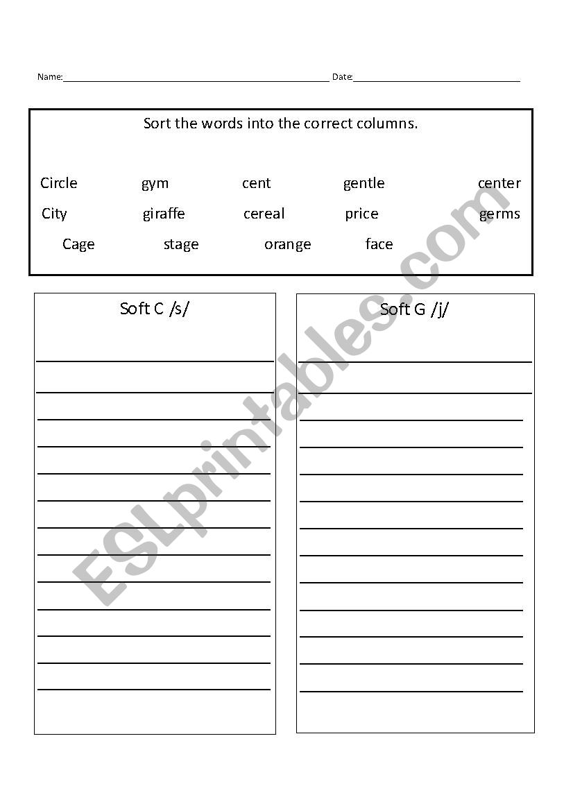 Soft C And G ESL Worksheet By Xmarie0