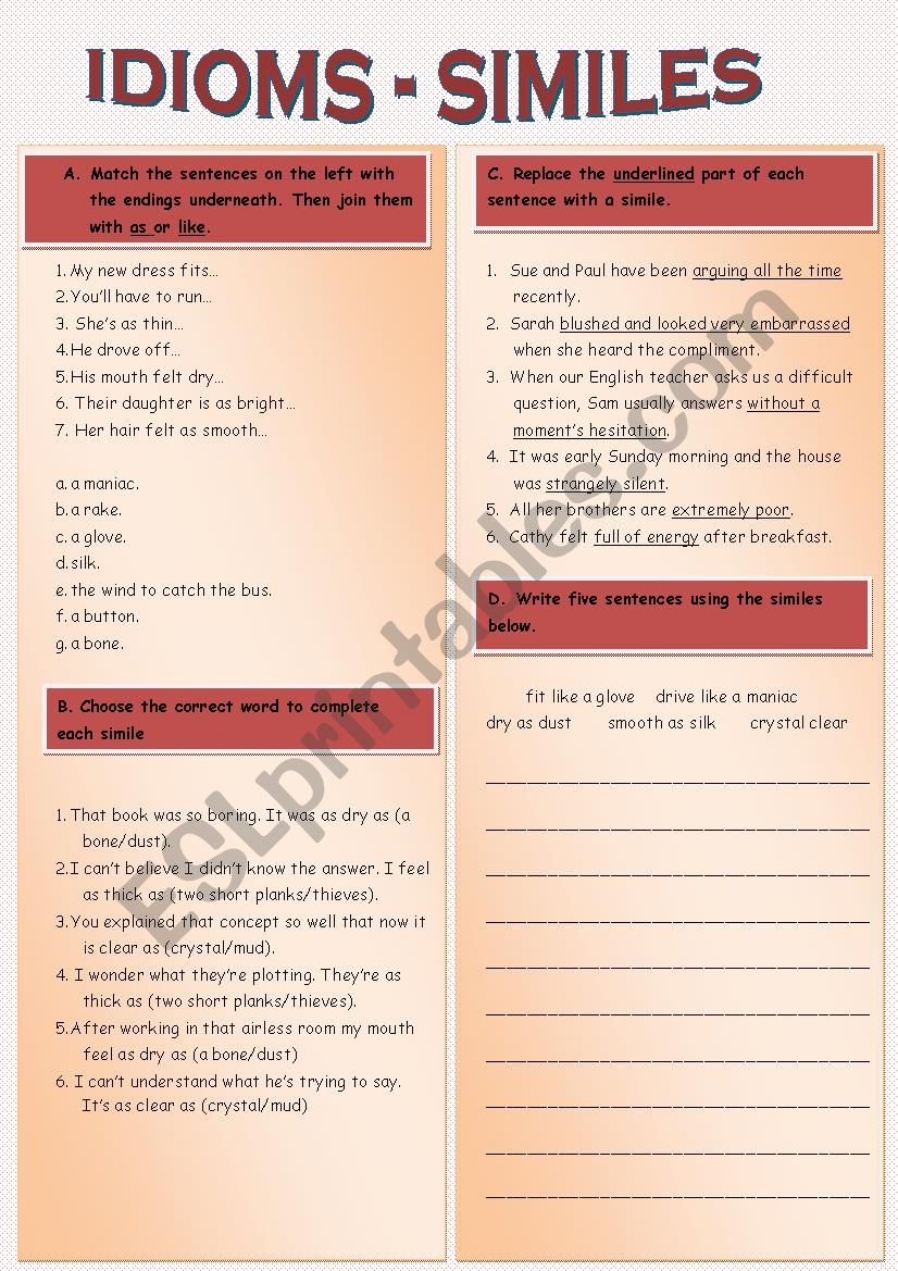 Idioms - Similes worksheet