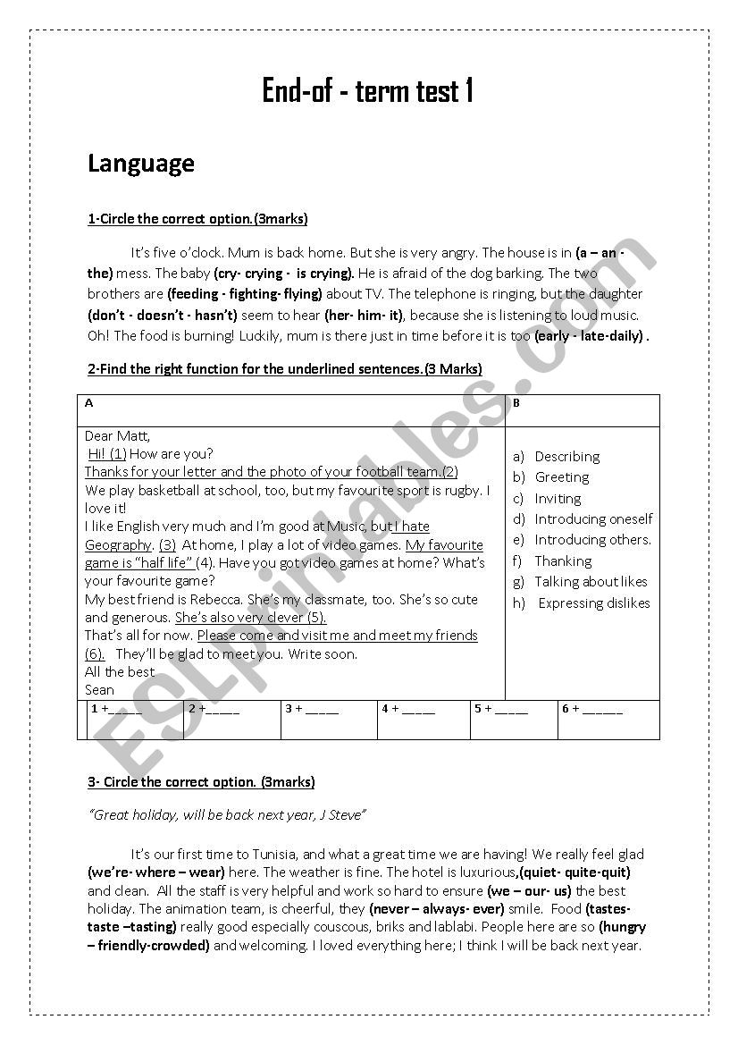 full term test worksheet