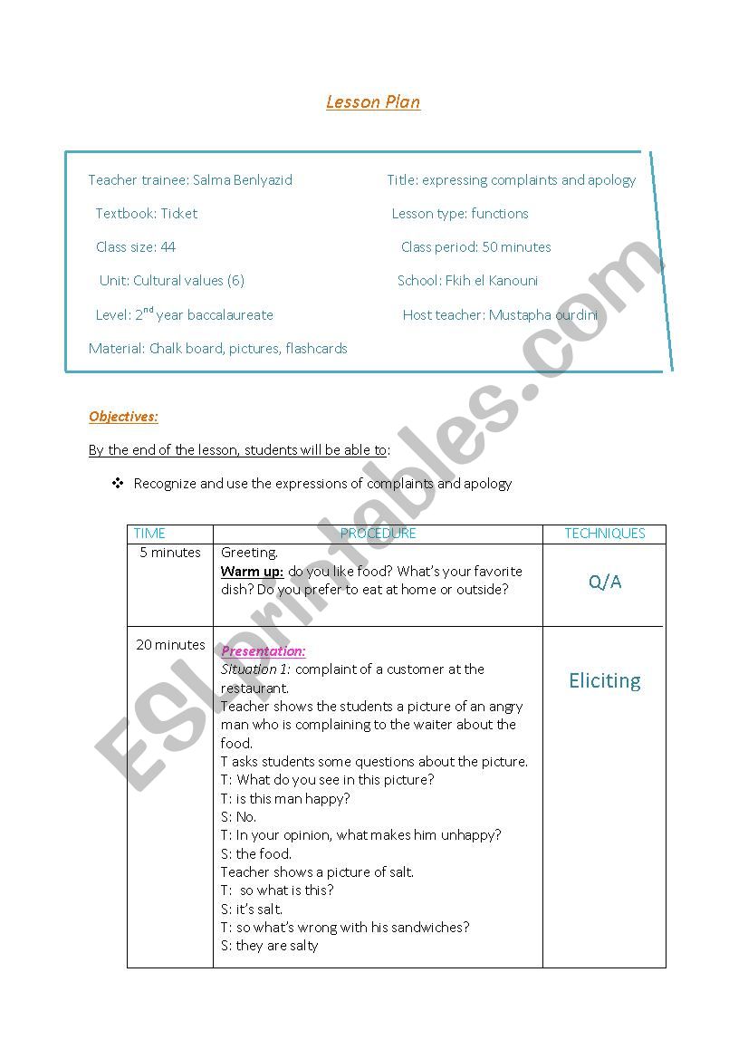 Complaint and apology worksheet
