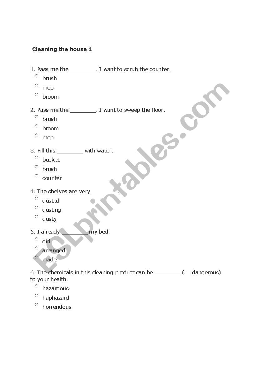 Cleaning the house - vocab ex worksheet