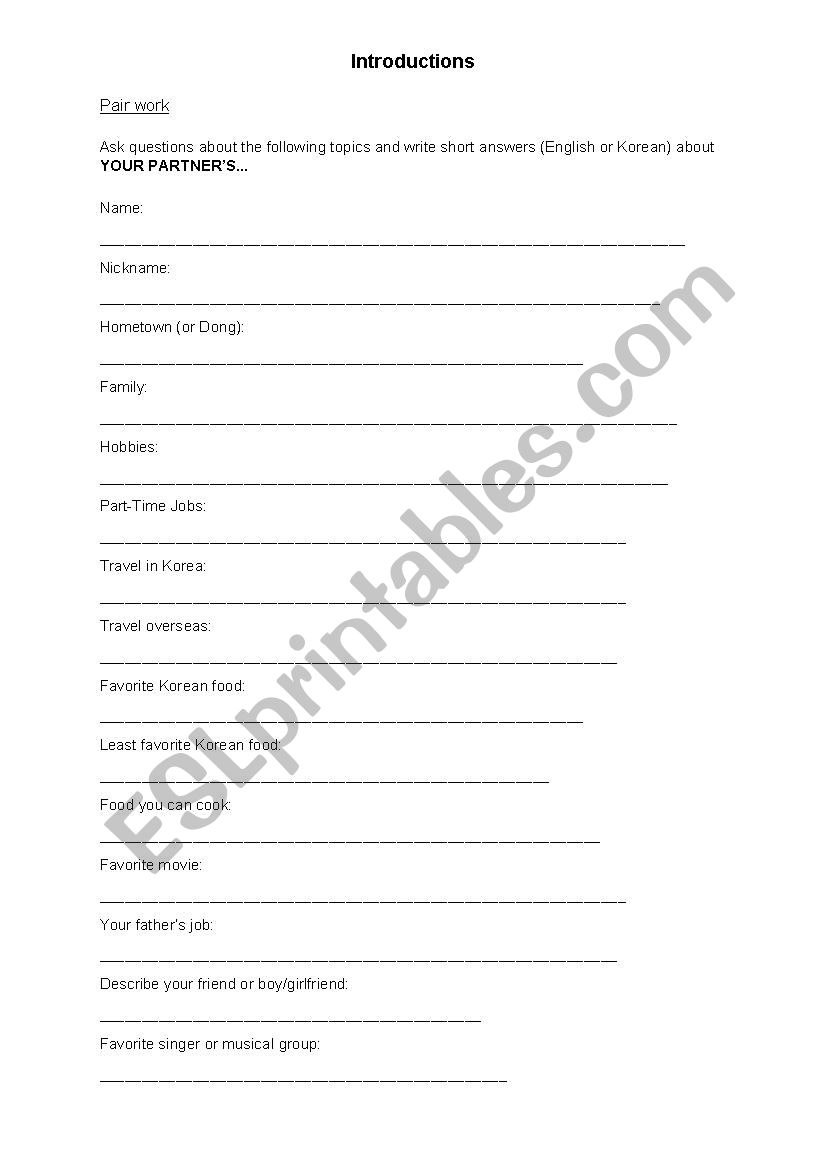 Introductions  worksheet