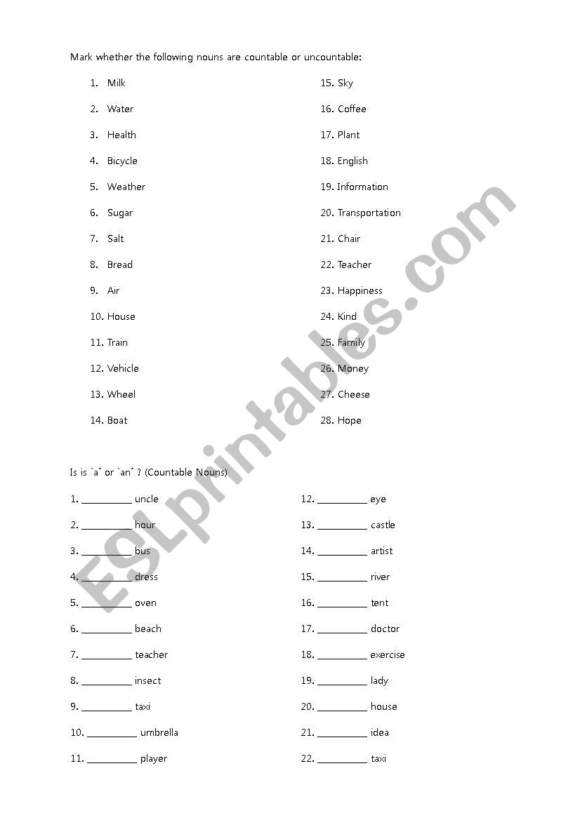 Countable and Noncountable Nouns 