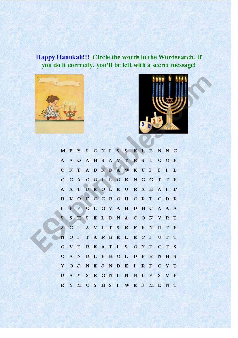 Wordsearch for Chanuka worksheet