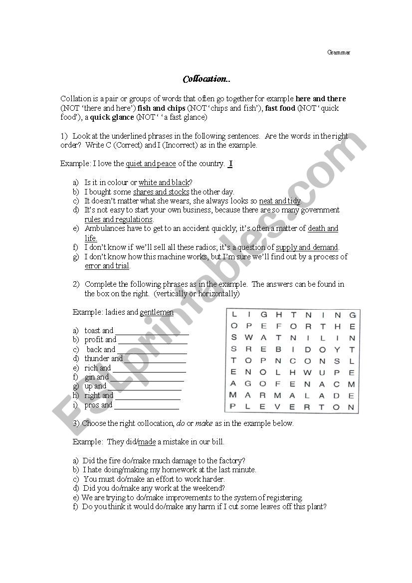 Common Collocations worksheet