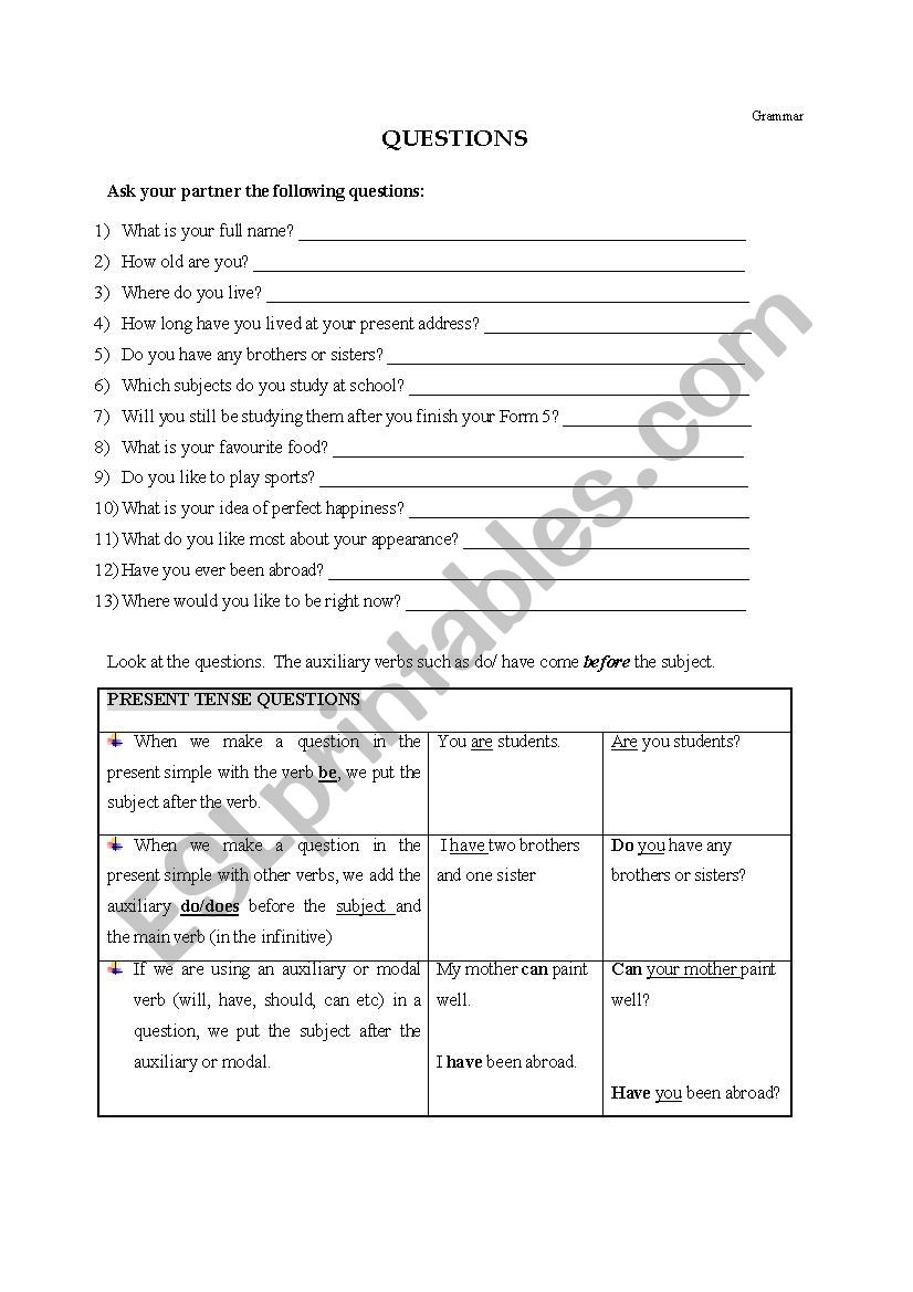 Direct Questions worksheet