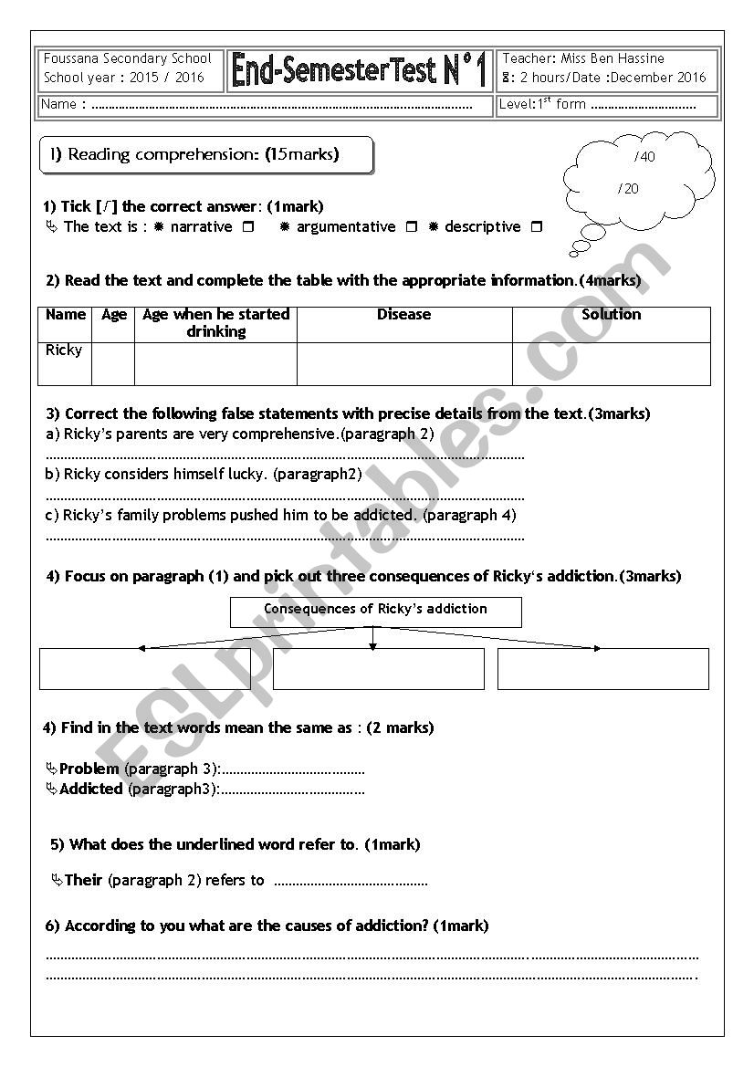 End -Semester Test N1 worksheet