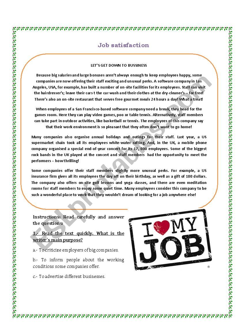 READING : JOB SATISFACTION worksheet