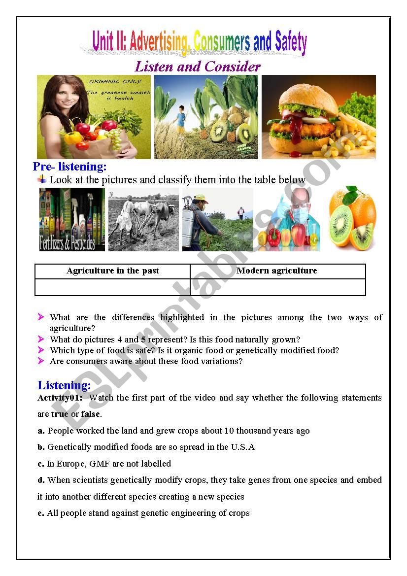 organic food and GMF worksheet