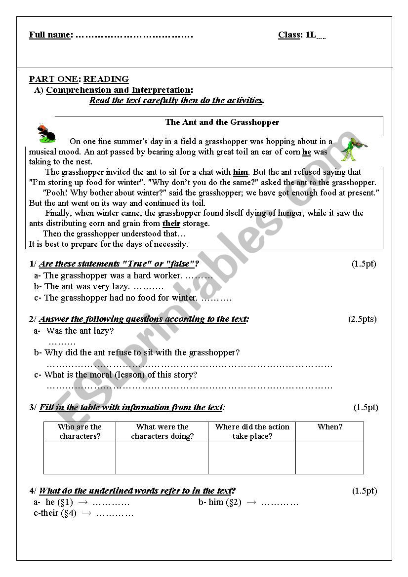 The Ant And The Grasshopper Activity Sheets
