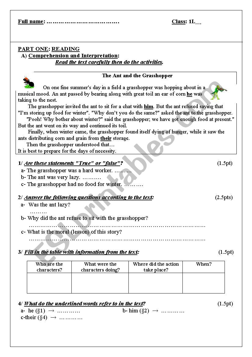 the ant and the grasshopper worksheet