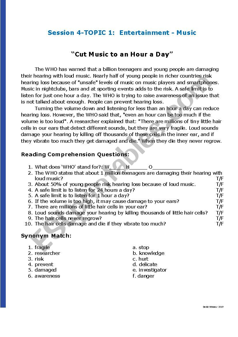 Hearing Damage to Loud Music worksheet