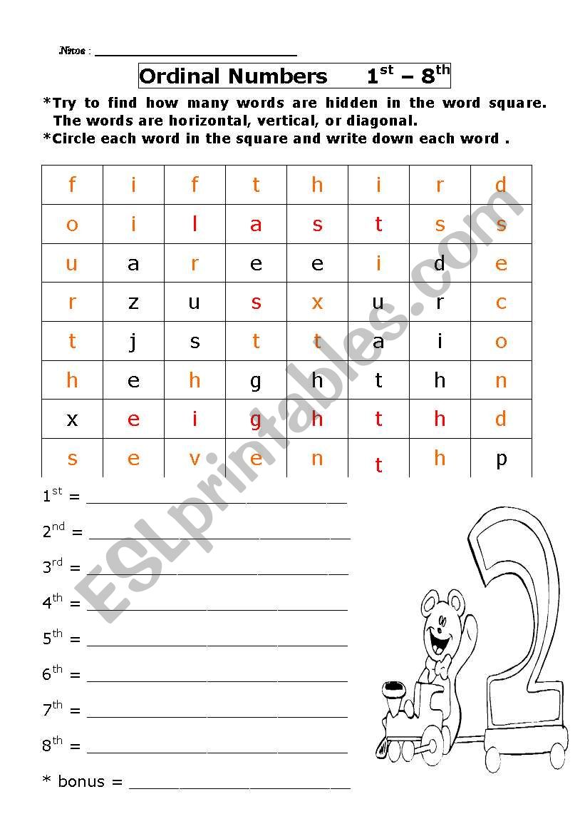 ordinal numbers worksheet