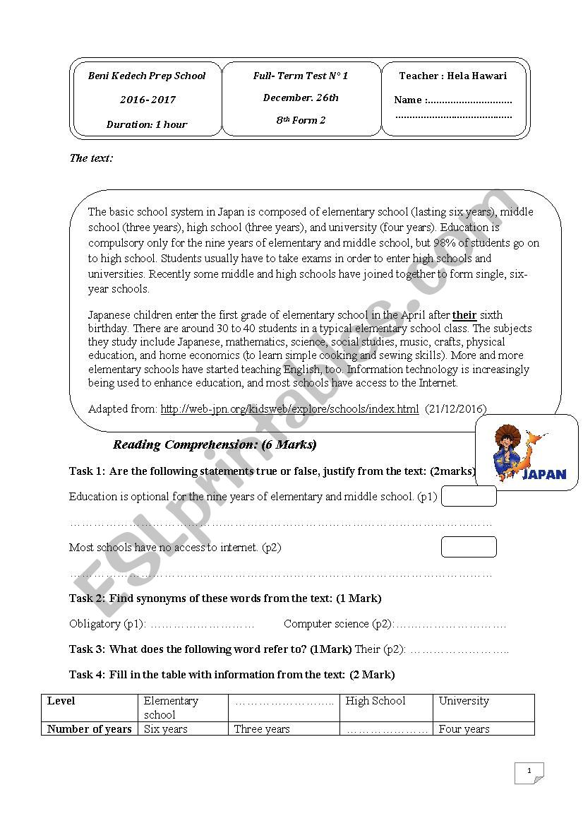 Full- Term test 8th form worksheet