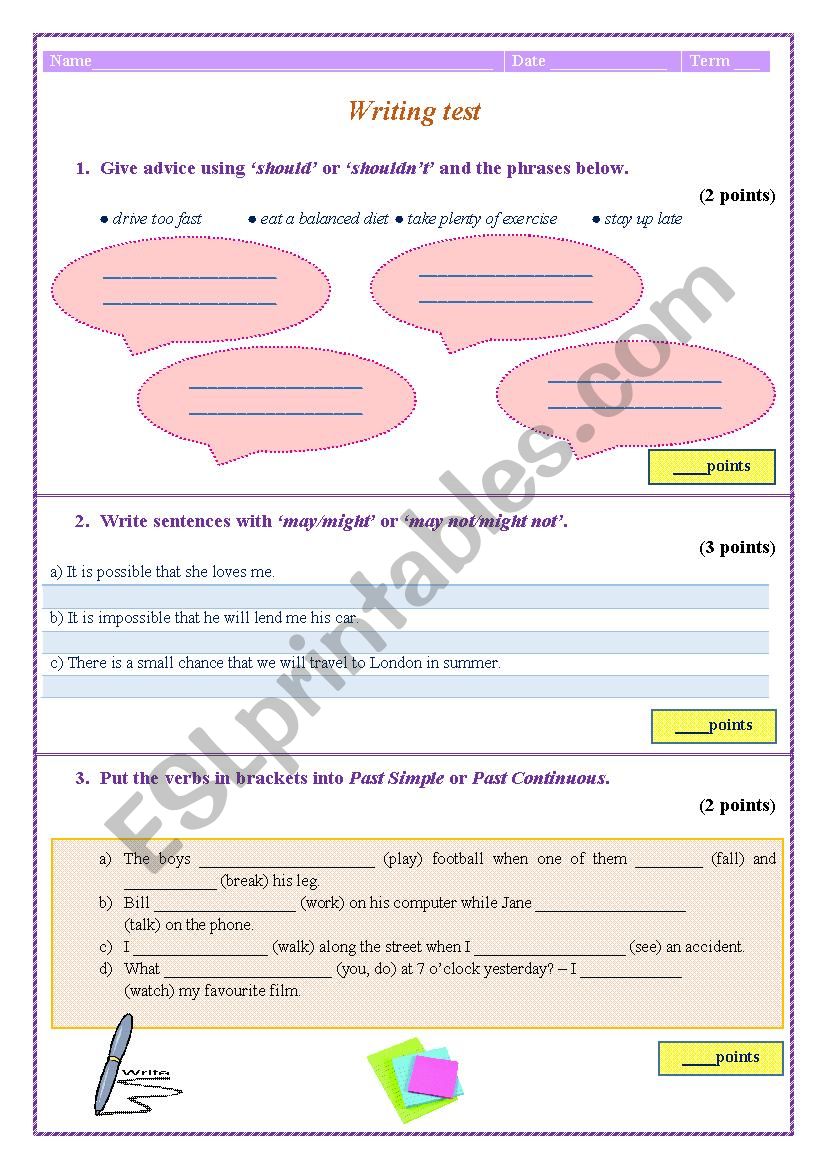 Term test in writing worksheet