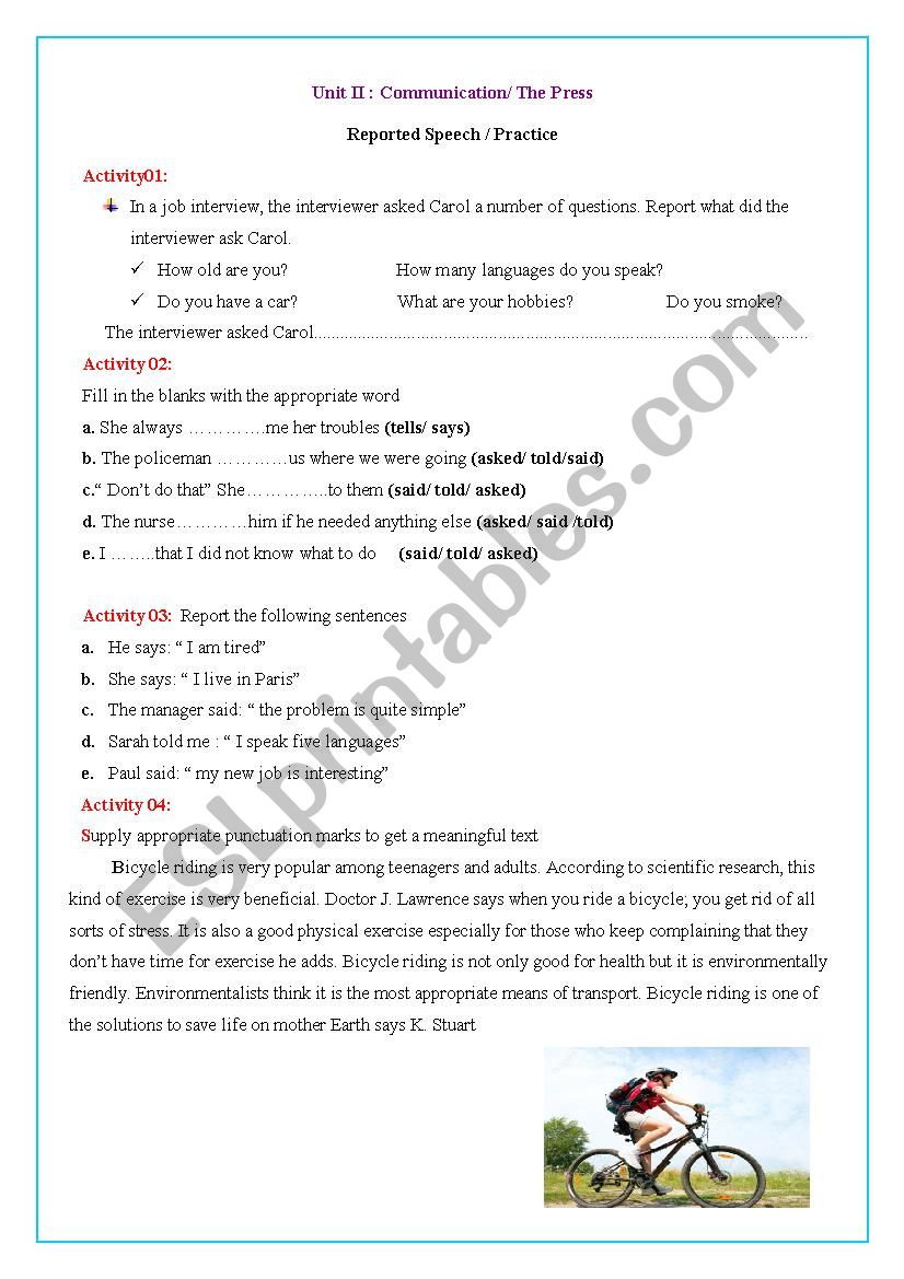 reported speech worksheet