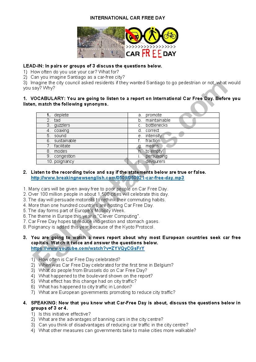 International Car Free Day worksheet