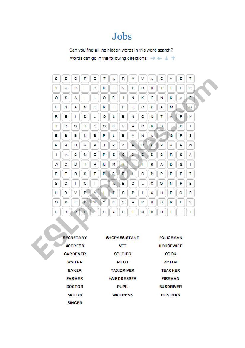 Jobs wordsearch worksheet