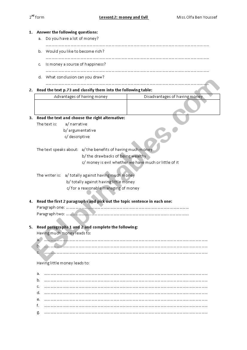 LESSON 12 2ND FORM WORKSHEET worksheet