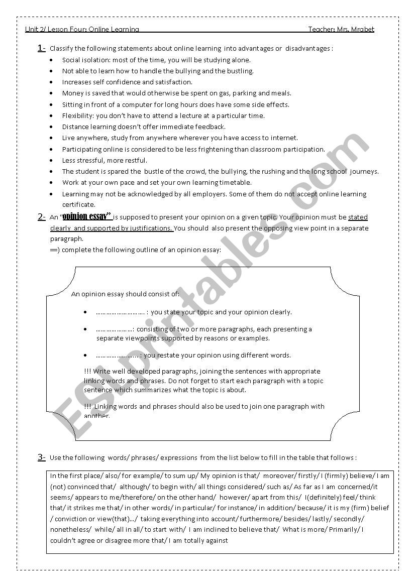 online learning worksheet