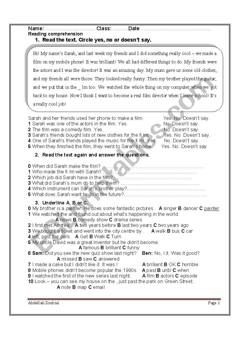 Reading comprehension worksheet