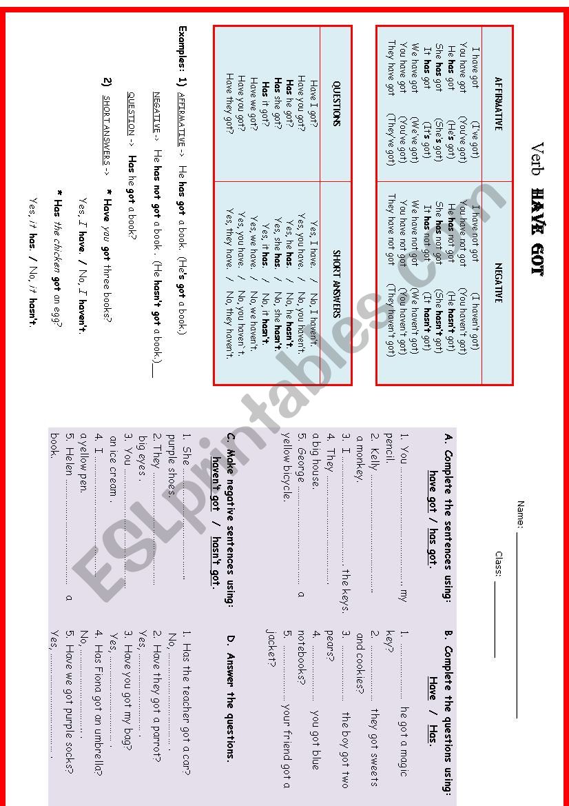 the verb HAVE GOT worksheet