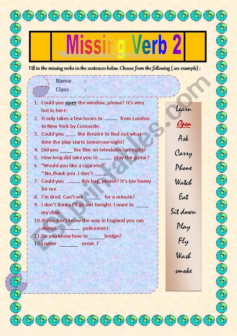 Fill In The Missing Verbs Worksheet