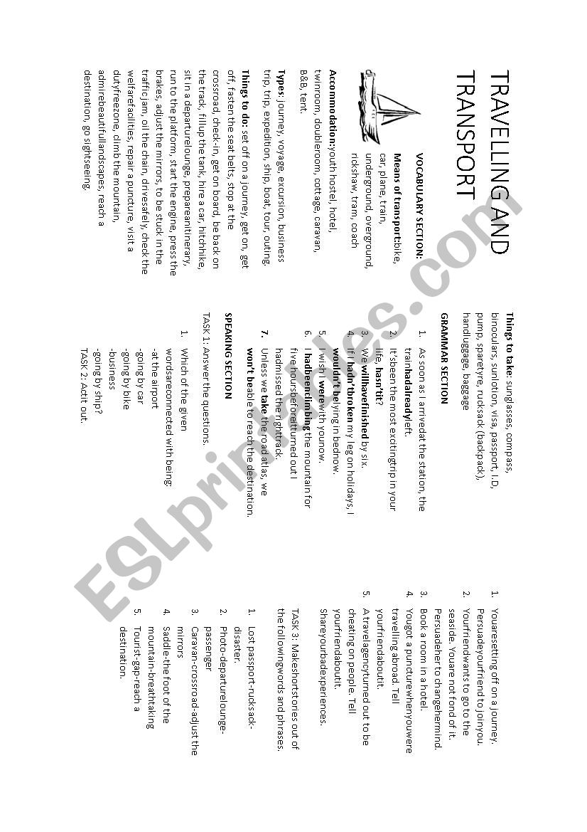 Travelling and transport worksheet