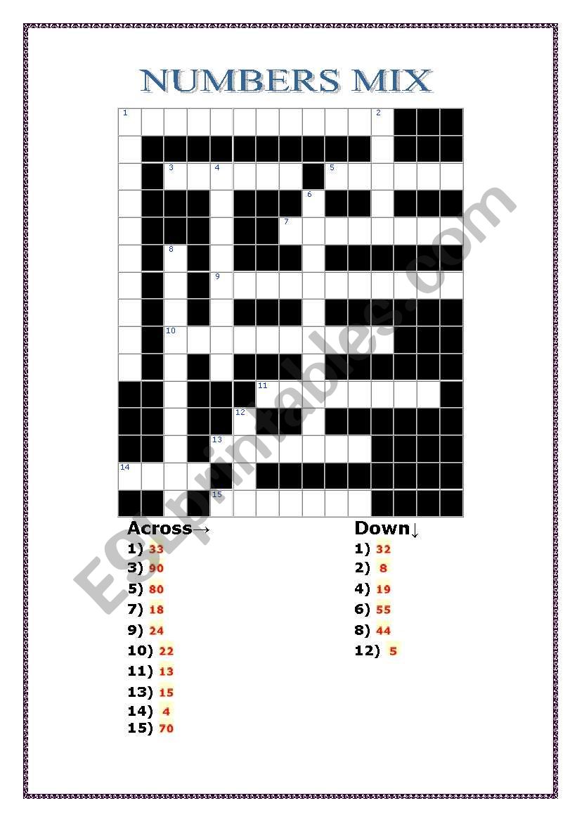 Numbers Crossword (1-99) worksheet