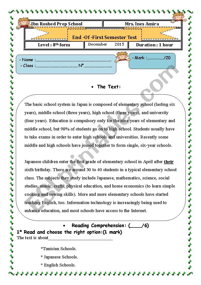 End  semester test worksheet